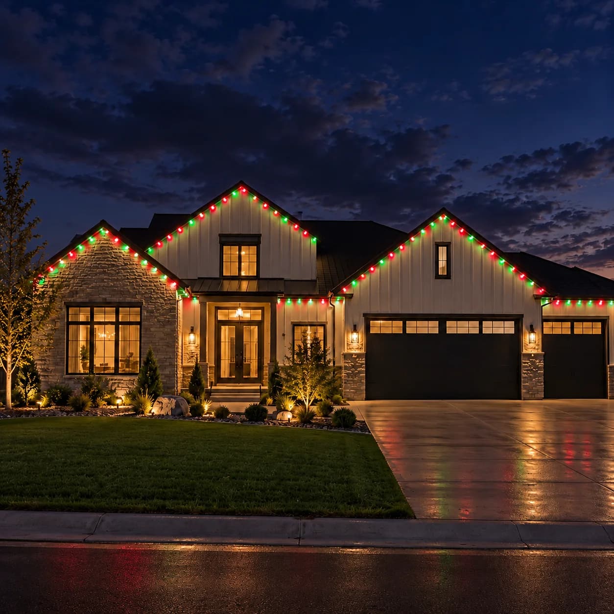 The same home lit for Christmas